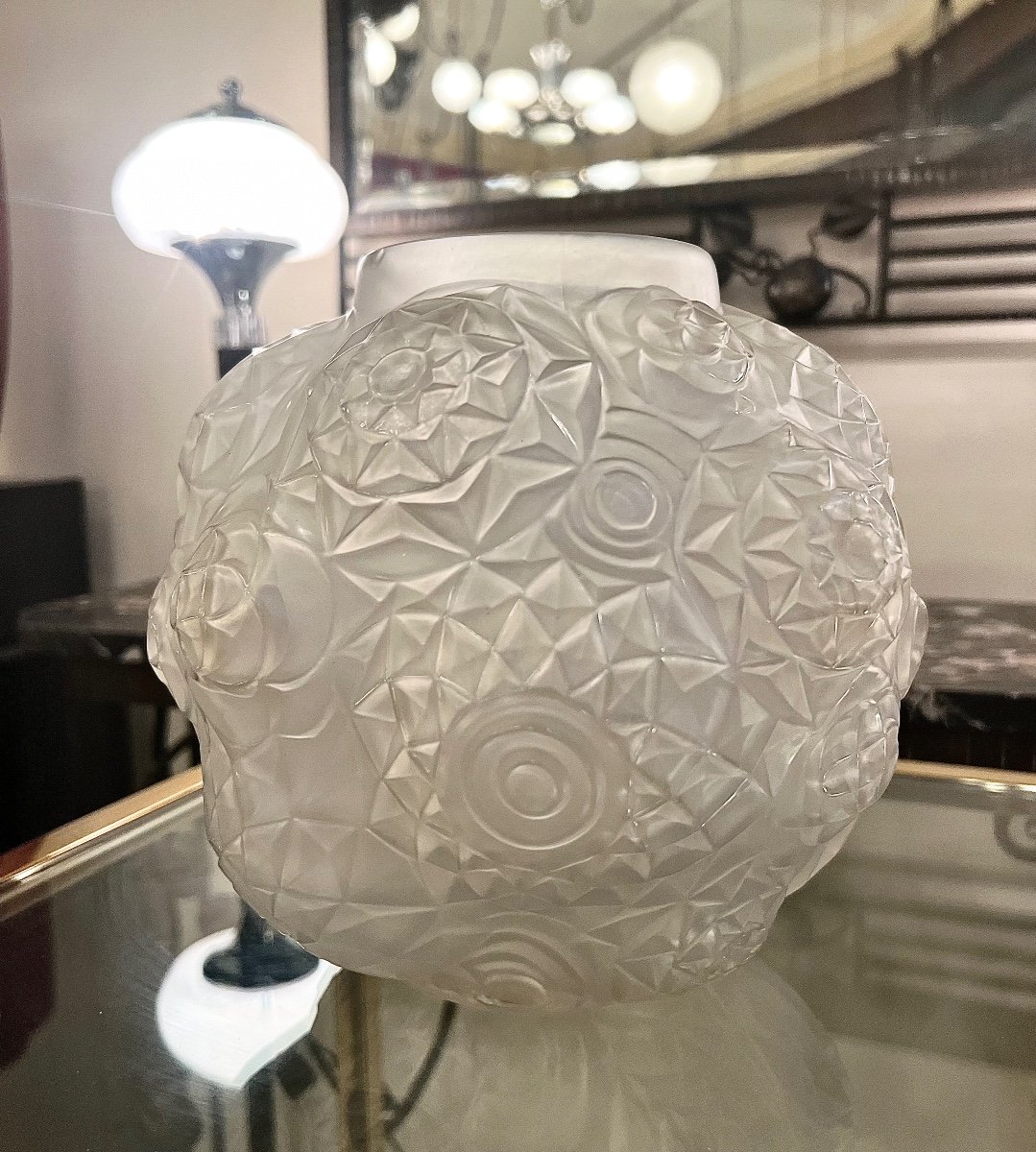 Exceptionnel Vase « Boule » Art Déco  A. Hunebelle Et R. Cognéville « Dahlia » Signé (  1930 ) -photo-2