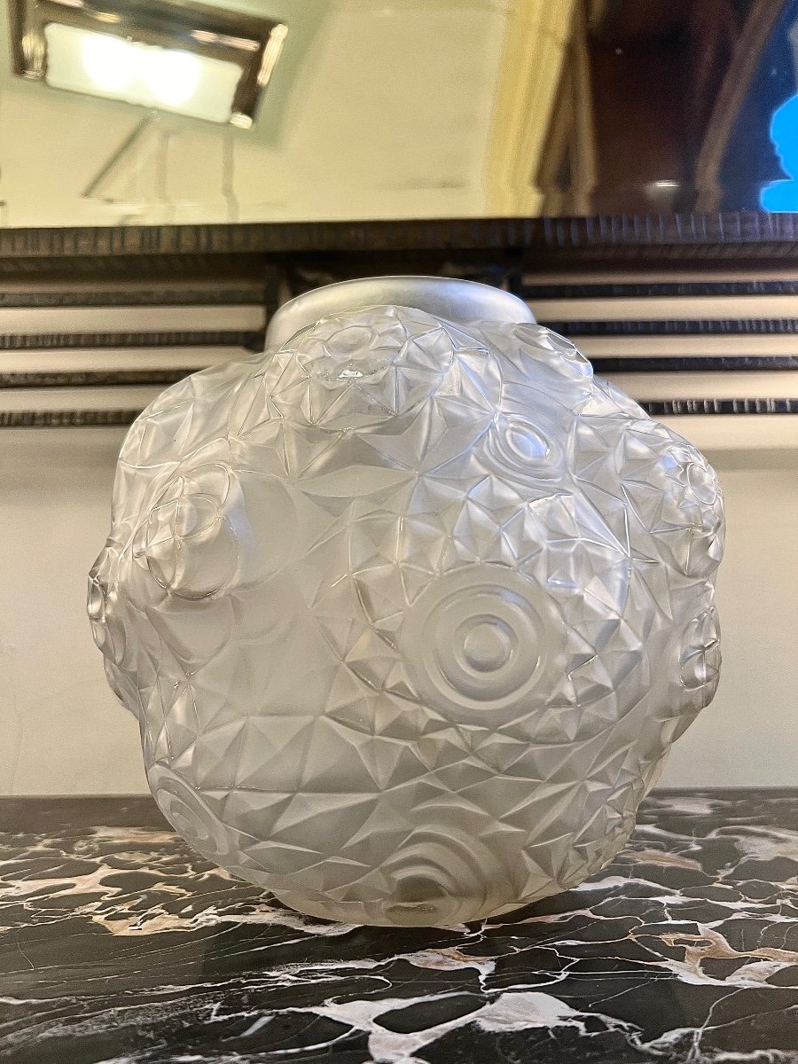 Exceptionnel Vase « Boule » Art Déco  A. Hunebelle Et R. Cognéville « Dahlia » Signé (  1930 ) -photo-3
