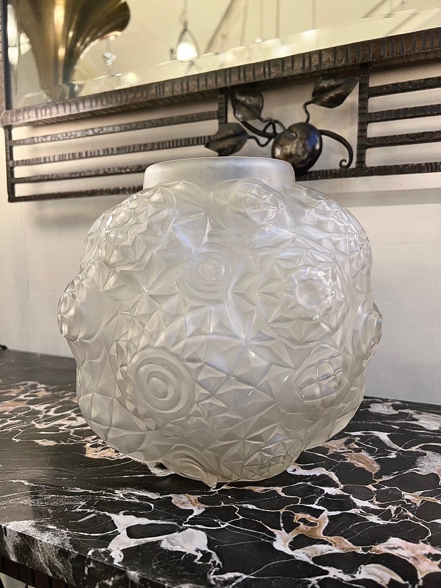 Exceptionnel Vase « Boule » Art Déco  A. Hunebelle Et R. Cognéville « Dahlia » Signé (  1930 ) -photo-4