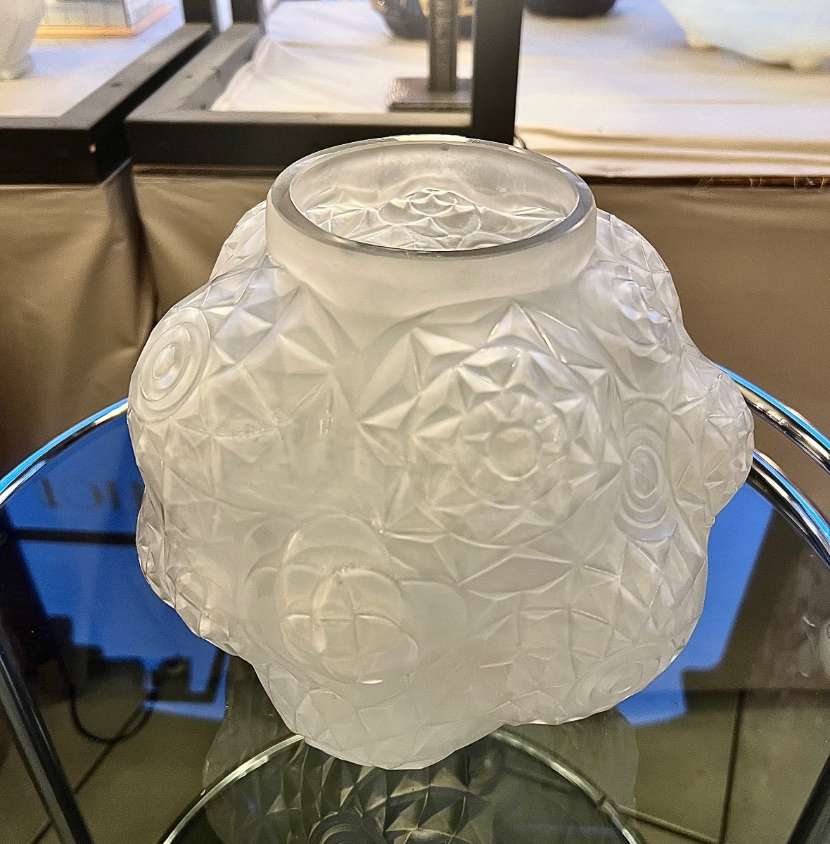 Exceptionnel Vase « Boule » Art Déco  A. Hunebelle Et R. Cognéville « Dahlia » Signé (  1930 ) -photo-5