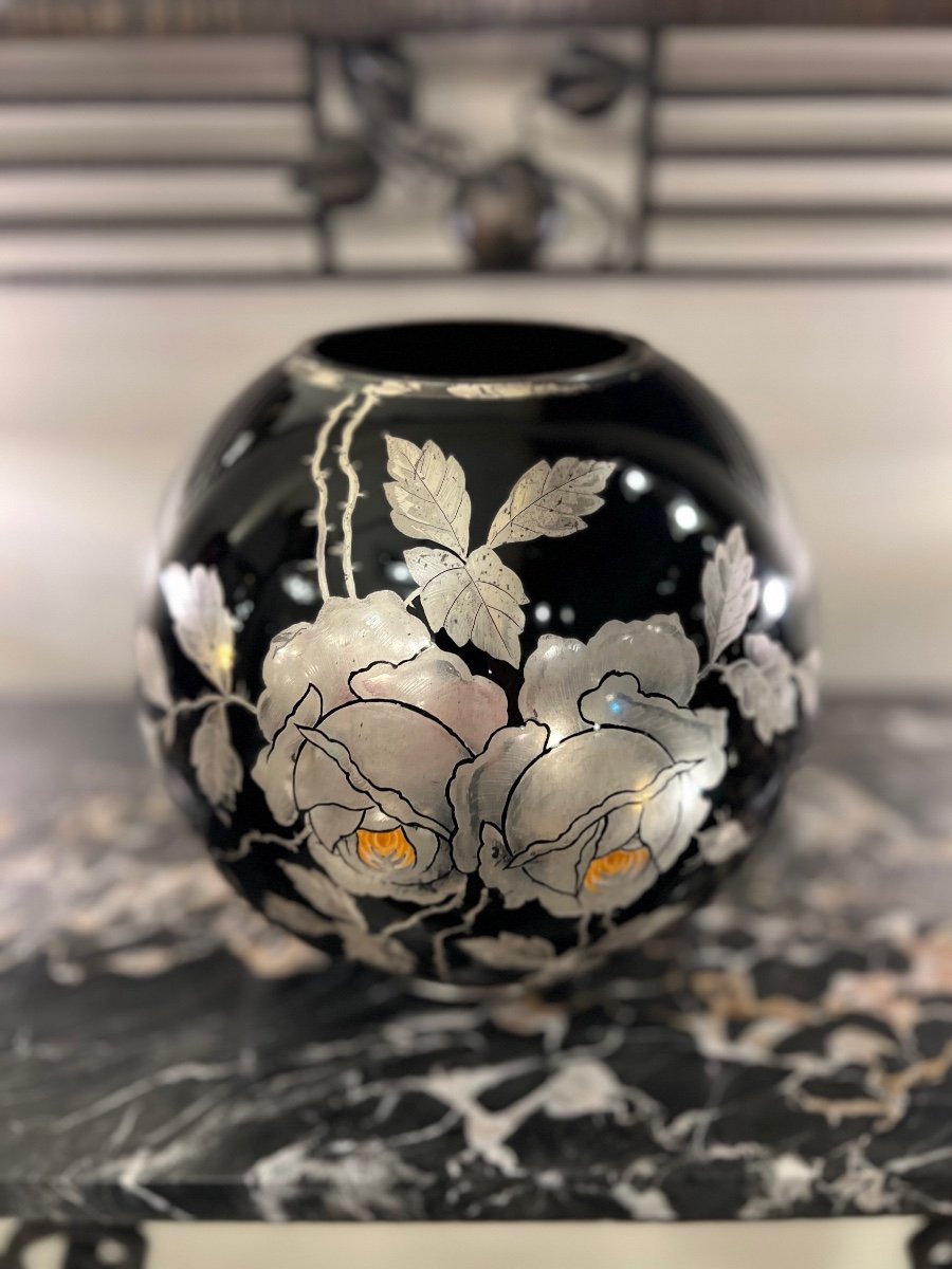 Art Deco “boulle” Vase Verreries Doyen D’havré (mons) In Hyalite Glass (vases 1930)-photo-2