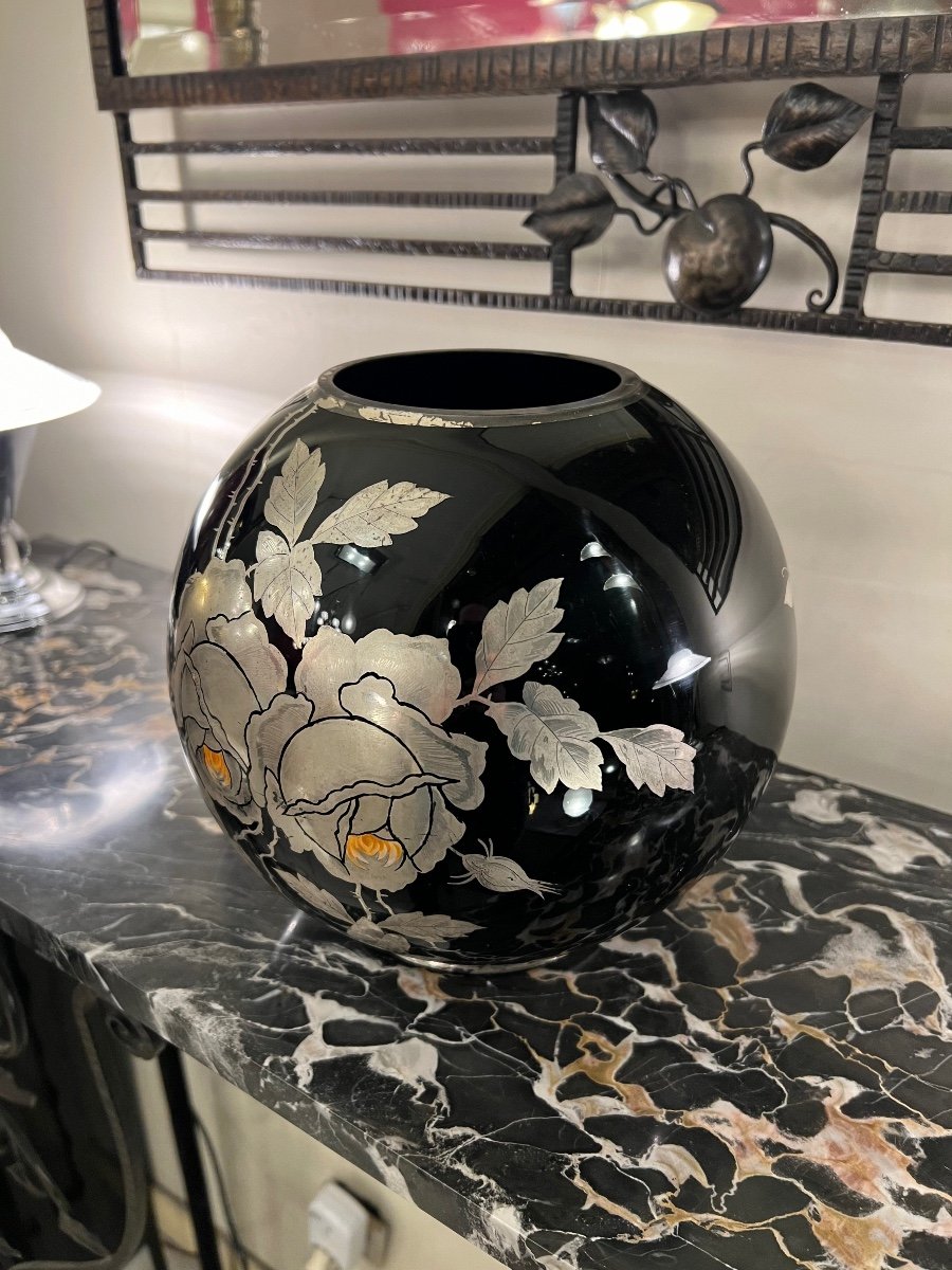 Art Deco “boulle” Vase Verreries Doyen D’havré (mons) In Hyalite Glass (vases 1930)-photo-3