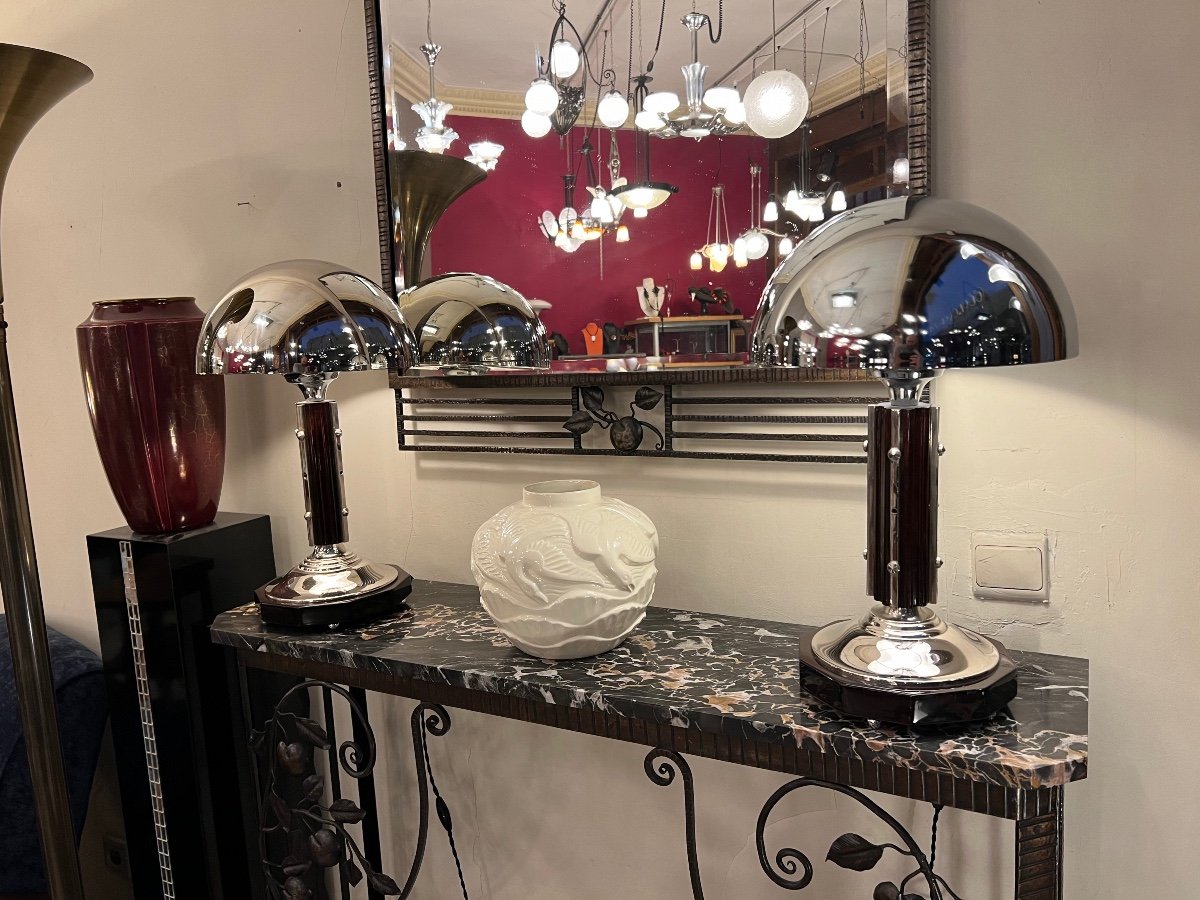 Extraordinaire Paire De Lampes Art Déco Moderniste Chrome Et Palissandre ( Lampe Art Deco 1930 