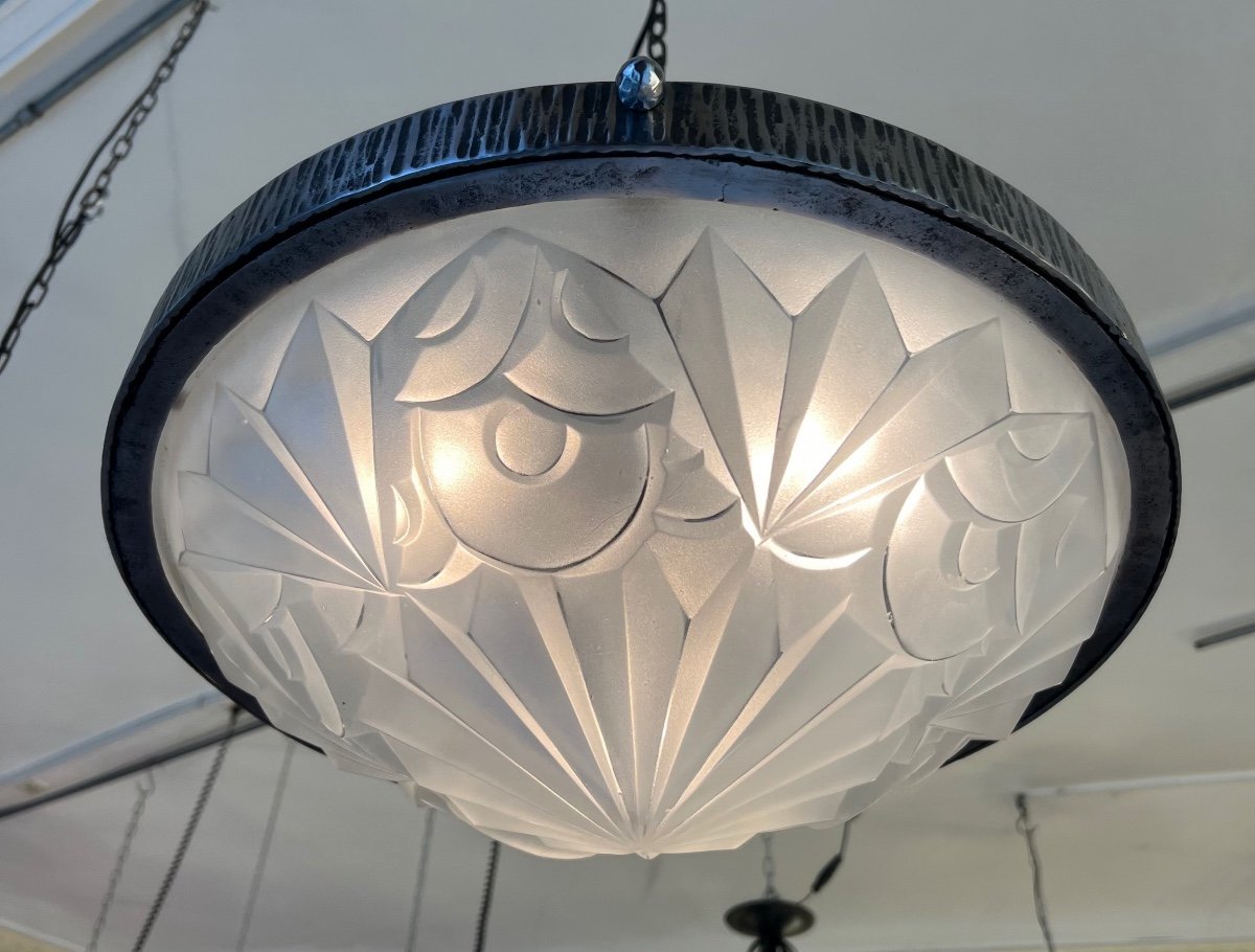 Important And Splendid Art Deco Ceiling Lamp Signed Degué 514 (art Deco Suspension / Chandelier 1930-photo-3