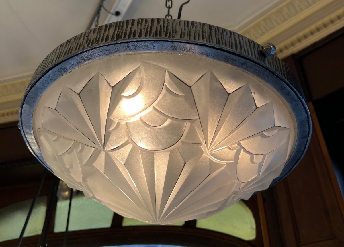 Important And Splendid Art Deco Ceiling Lamp Signed Degué 514 (art Deco Suspension / Chandelier 1930-photo-1