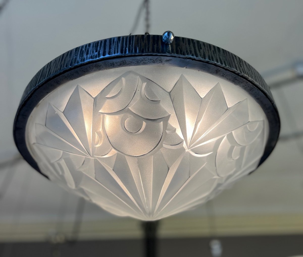 Important And Splendid Art Deco Ceiling Lamp Signed Degué 514 (art Deco Suspension / Chandelier 1930-photo-2