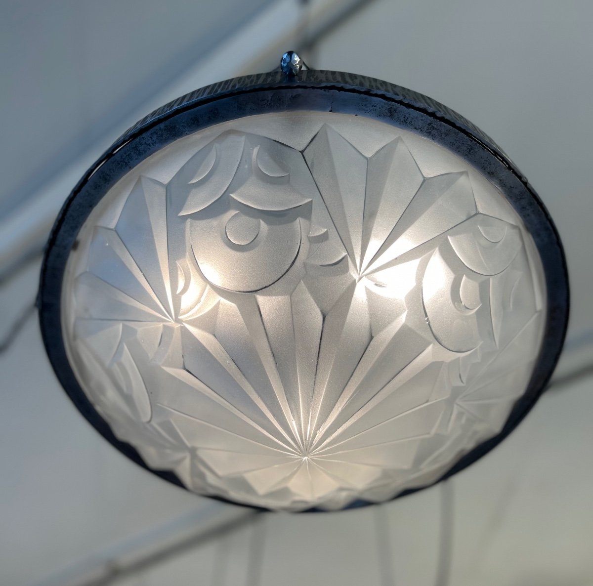Important And Splendid Art Deco Ceiling Lamp Signed Degué 514 (art Deco Suspension / Chandelier 1930