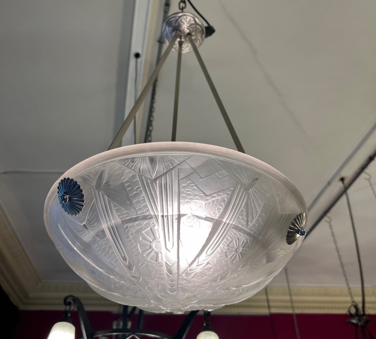 Art Deco Müller Frères Pendant Lamp “aux Butterflies” Signed (art Deco Chandelier / Ceiling Lamp 1930-photo-2