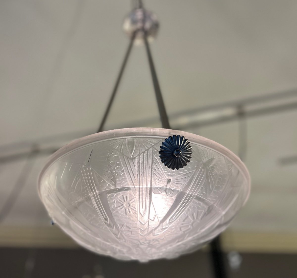 Art Deco Müller Frères Pendant Lamp “aux Butterflies” Signed (art Deco Chandelier / Ceiling Lamp 1930-photo-3