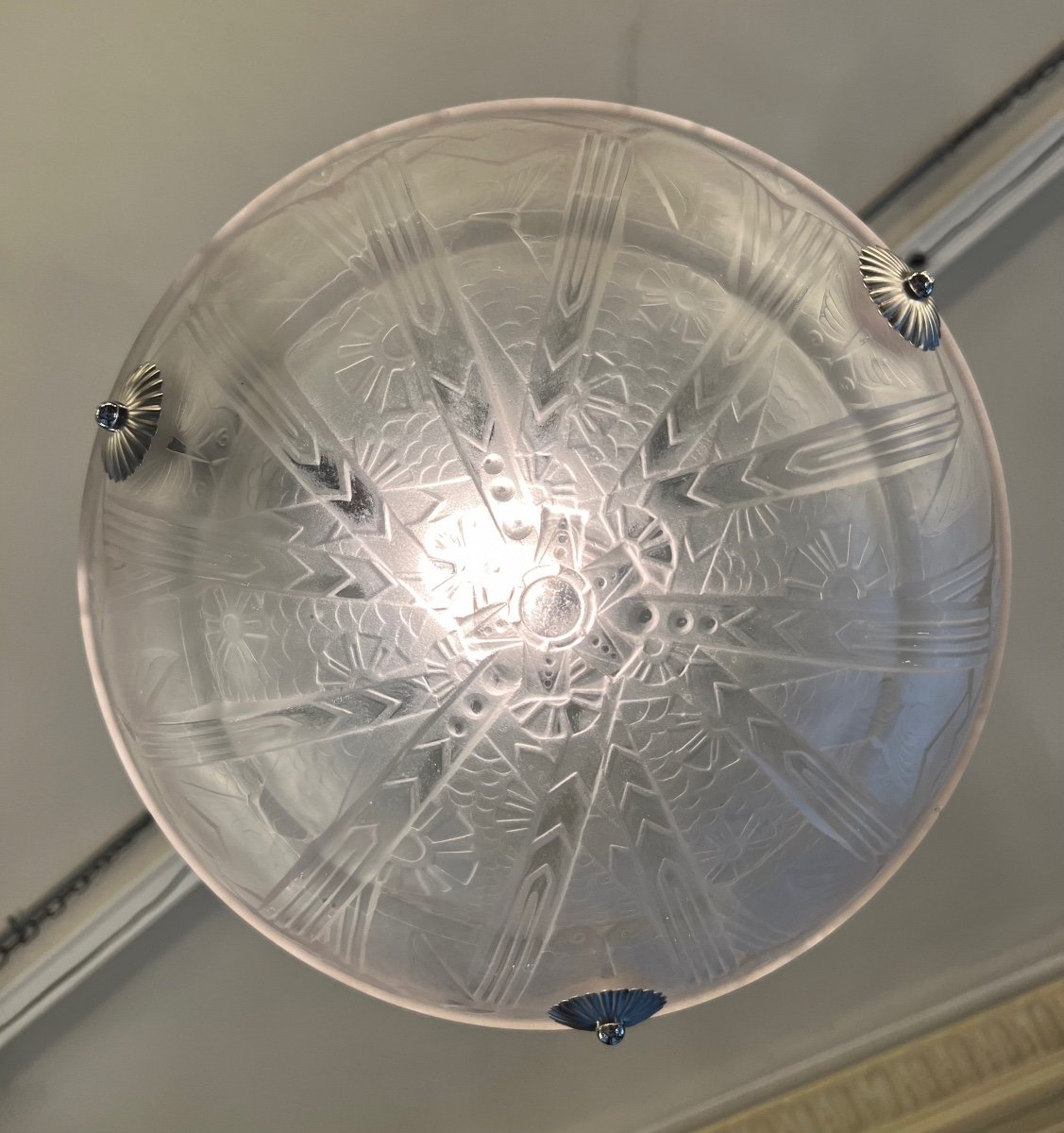 Art Deco Müller Frères Pendant Lamp “aux Butterflies” Signed (art Deco Chandelier / Ceiling Lamp 1930-photo-4