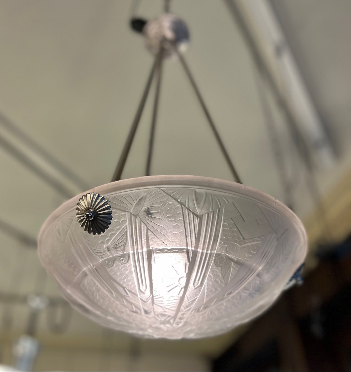 Art Deco Müller Frères Pendant Lamp “aux Butterflies” Signed (art Deco Chandelier / Ceiling Lamp 1930-photo-1