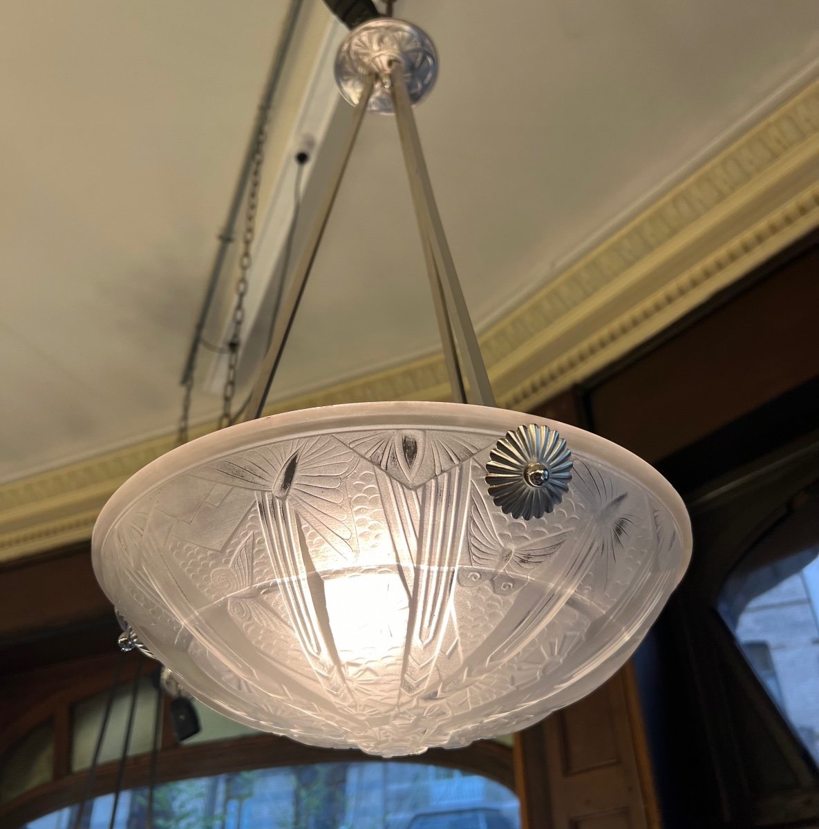 Art Deco Müller Frères Pendant Lamp “aux Butterflies” Signed (art Deco Chandelier / Ceiling Lamp 1930-photo-3