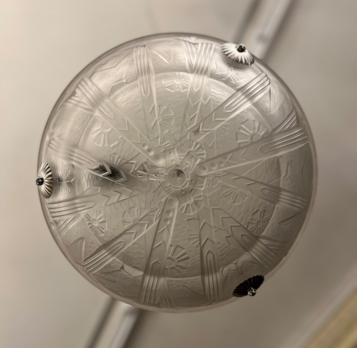 Art Deco Müller Frères Pendant Lamp “aux Butterflies” Signed (art Deco Chandelier / Ceiling Lamp 1930-photo-4