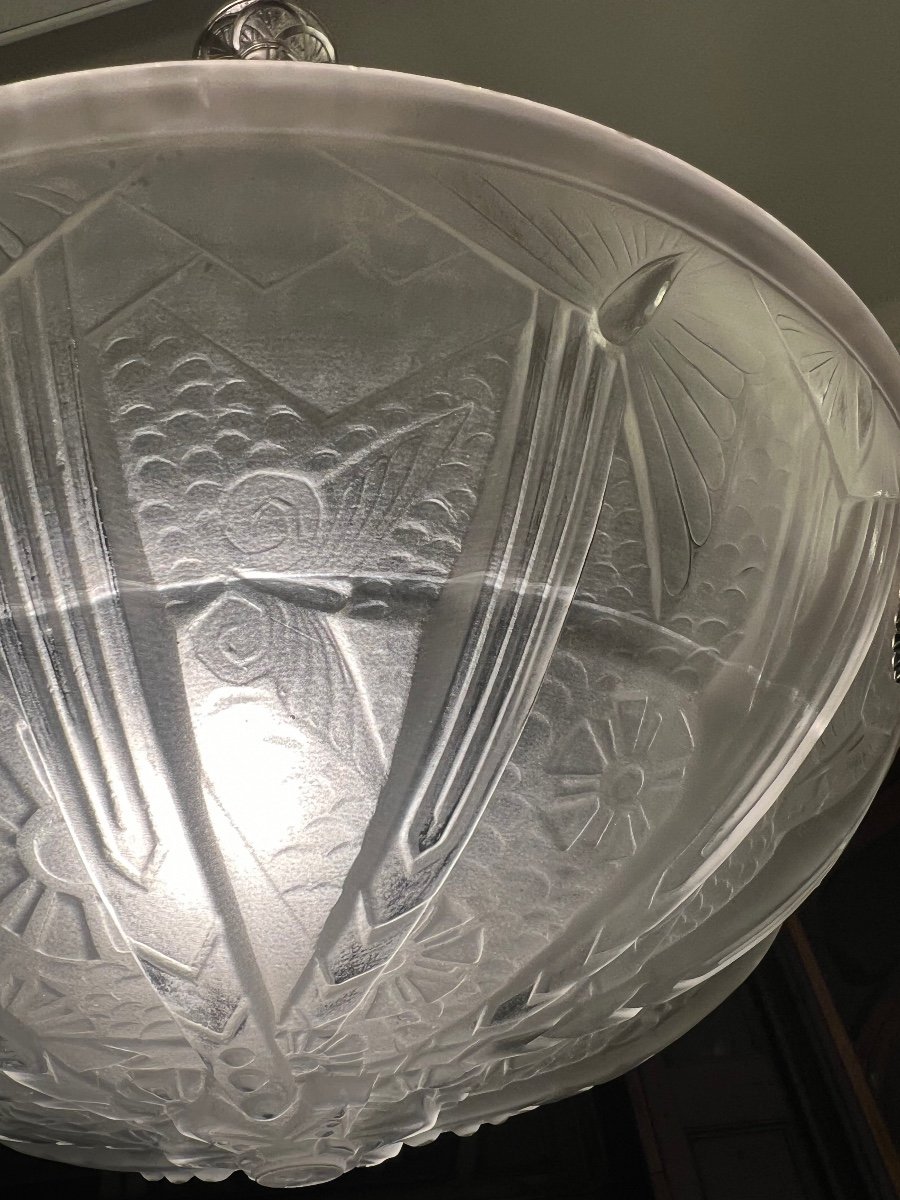 Art Deco Müller Frères Pendant Lamp “aux Butterflies” Signed (art Deco Chandelier / Ceiling Lamp 1930-photo-6