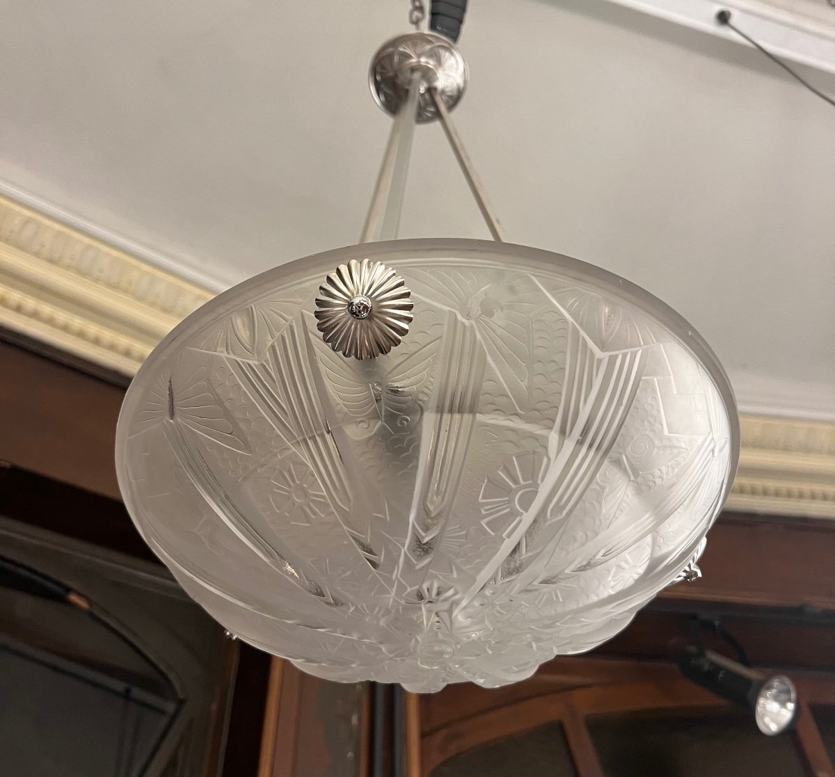 Art Deco Müller Frères Pendant Lamp “aux Butterflies” Signed (art Deco Chandelier / Ceiling Lamp 1930-photo-8