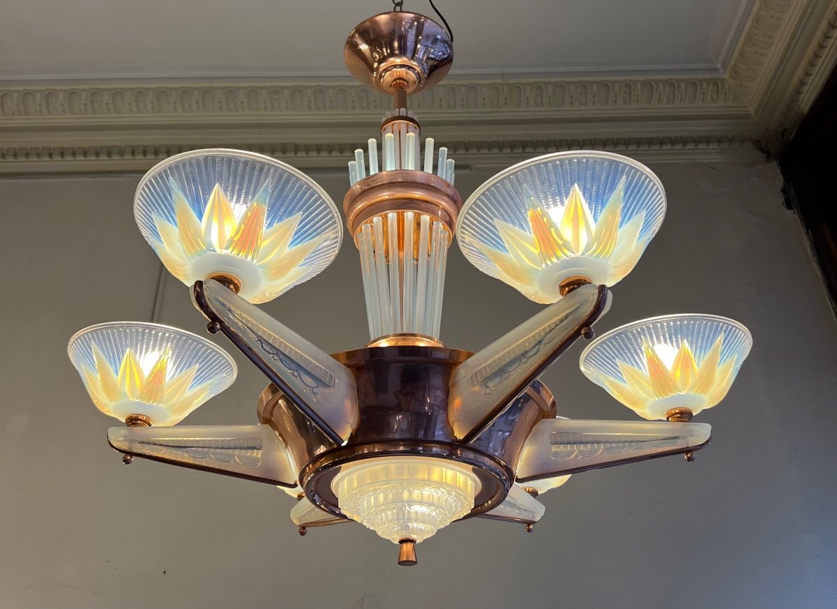Splendide Lustre Art Déco H.Petitot Et Jean Gauthier en métal cuivré et verre opalescent 1930 -photo-1