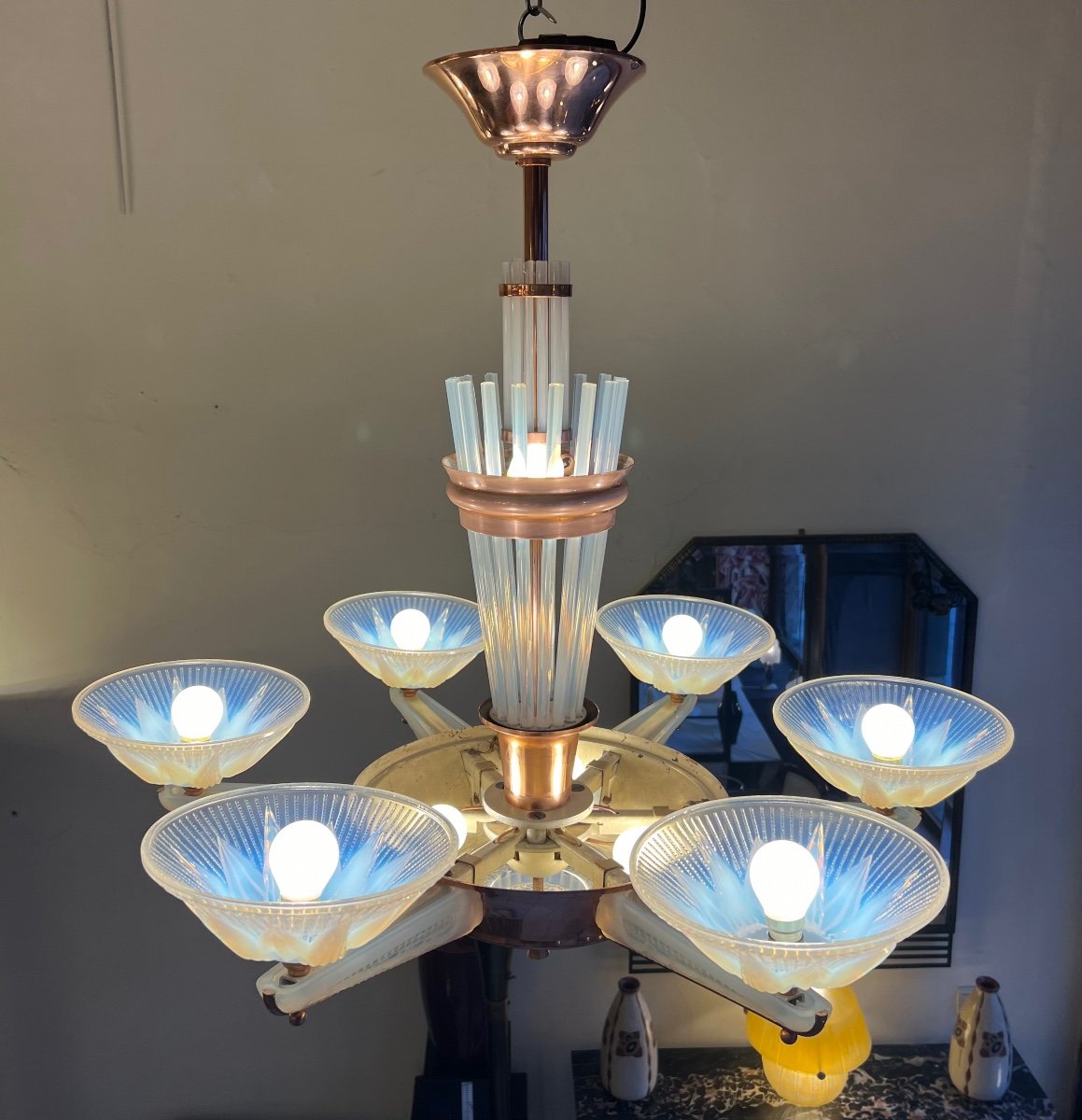 Splendide Lustre Art Déco H.Petitot Et Jean Gauthier en métal cuivré et verre opalescent 1930 -photo-4