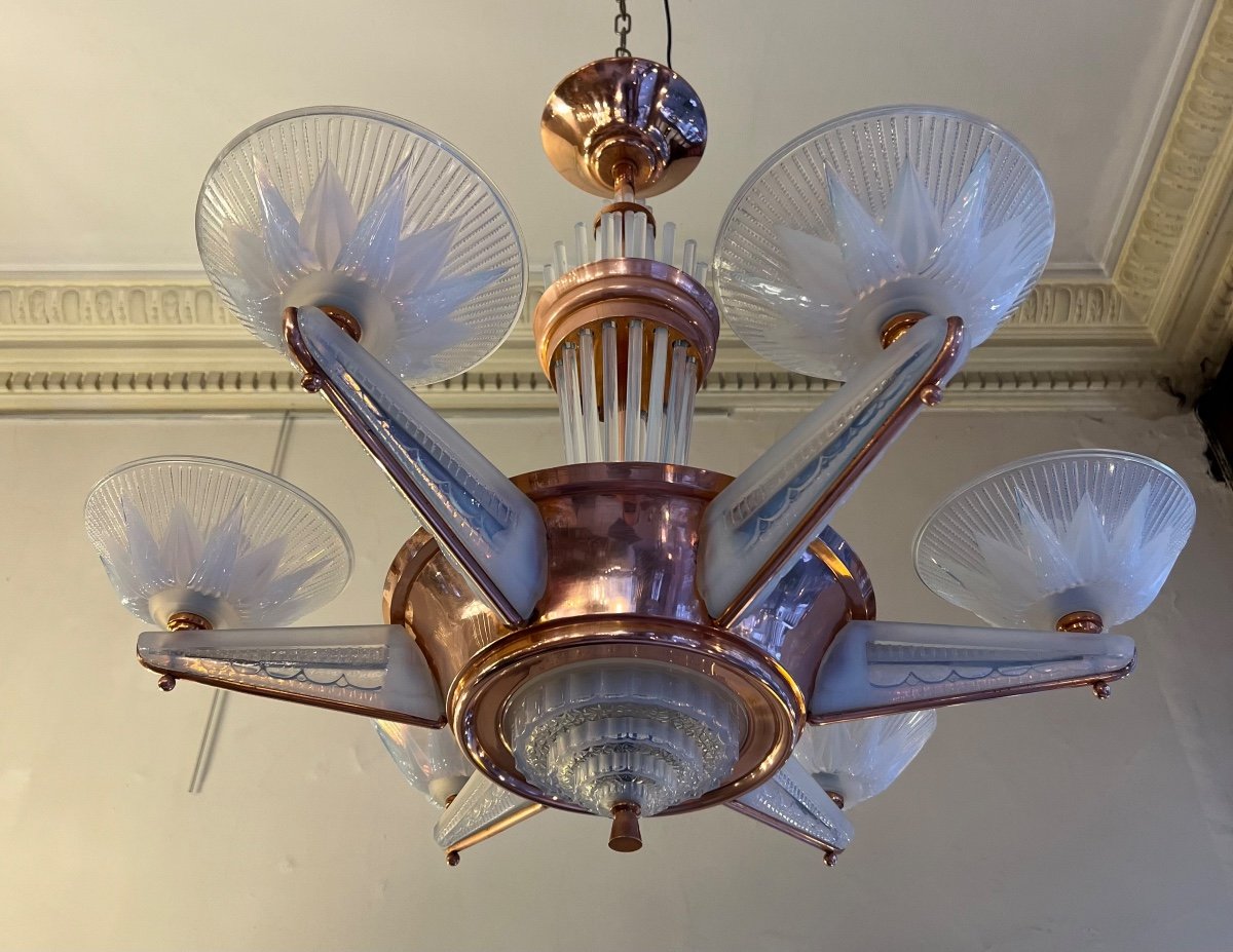Splendide Lustre Art Déco H.Petitot Et Jean Gauthier en métal cuivré et verre opalescent 1930 -photo-6