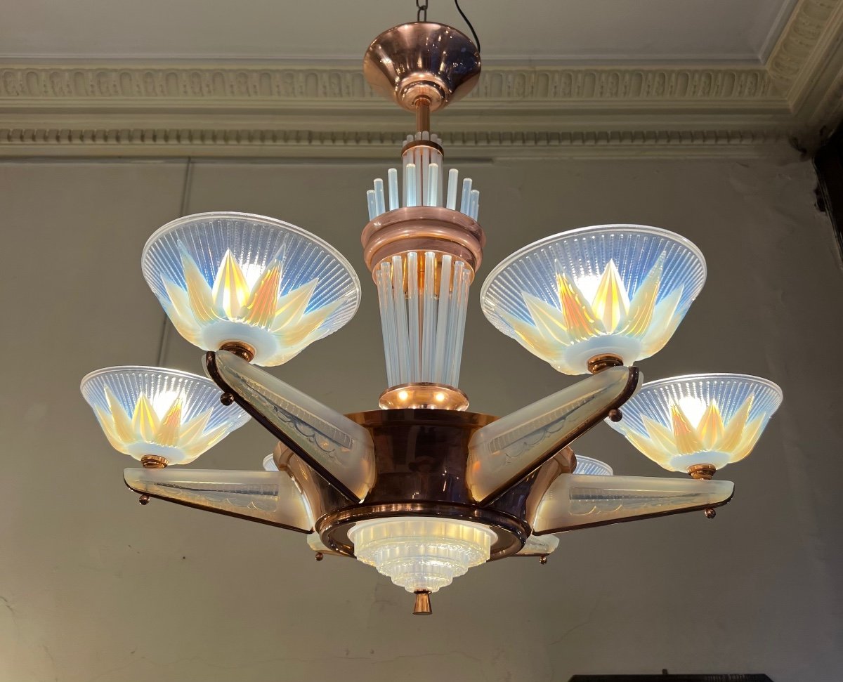 Splendide Lustre Art Déco H.Petitot Et Jean Gauthier en métal cuivré et verre opalescent 1930 -photo-7