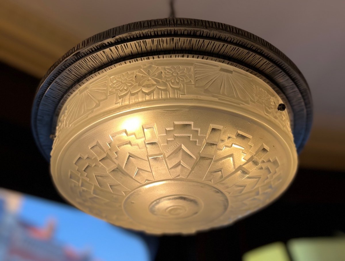 Superbe Plafonnier Art Déco Verreries Des Hanots Signé ( Suspension / Lustre Art Deco 1930 ) -photo-2