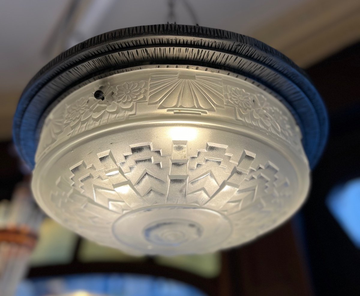 Superbe Plafonnier Art Déco Verreries Des Hanots Signé ( Suspension / Lustre Art Deco 1930 ) -photo-3