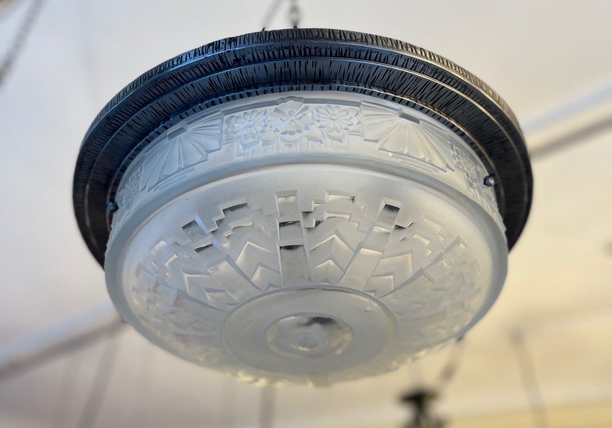 Superbe Plafonnier Art Déco Verreries Des Hanots Signé ( Suspension / Lustre Art Deco 1930 ) -photo-8