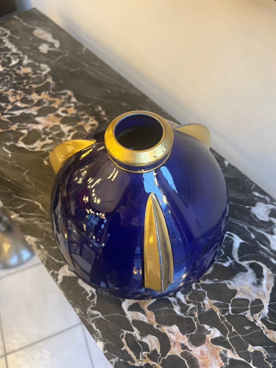 Vase Art Déco Pinon - Heuzé Modèle «  Soucoupe » Faïence émaillée Signé ( Vase Art Deco 1930 )-photo-3