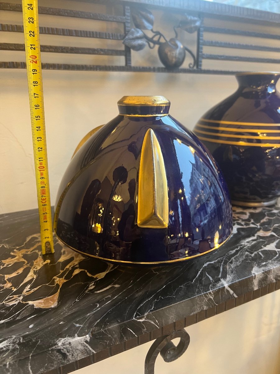Vase Art Déco Pinon - Heuzé Modèle «  Soucoupe » Faïence émaillée Signé ( Vase Art Deco 1930 )-photo-8