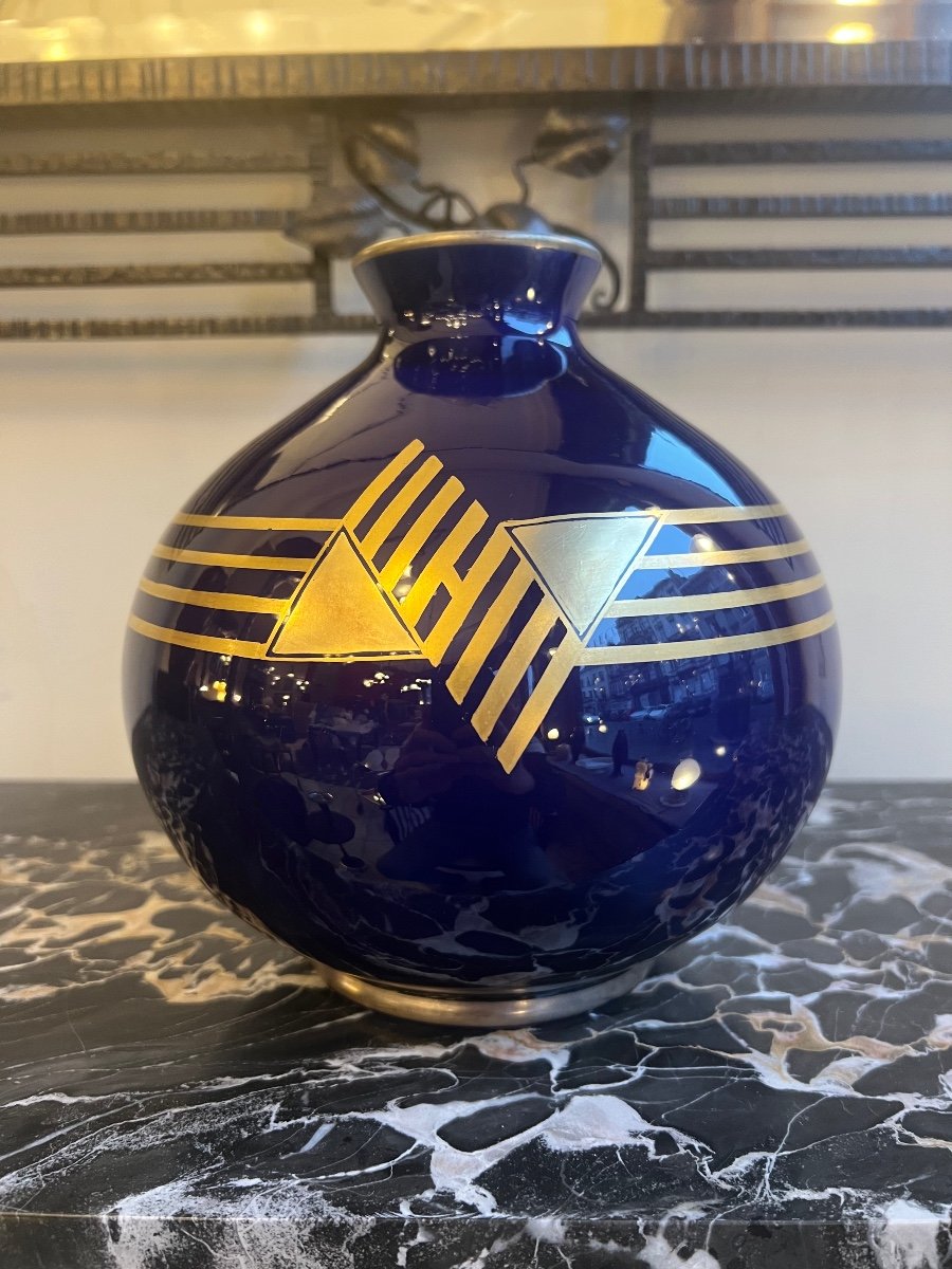 Vase Art Déco «  Boule » Pinon - Heuzé « Géométrique » Faïence émaillée ( Vase Art Deco 1930 ) -photo-1