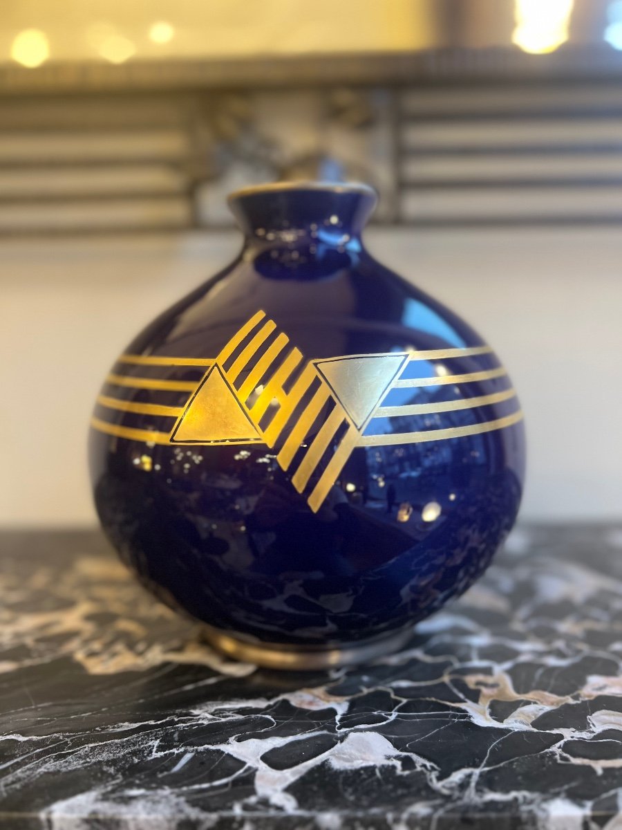 Vase Art Déco «  Boule » Pinon - Heuzé « Géométrique » Faïence émaillée ( Vase Art Deco 1930 ) -photo-2