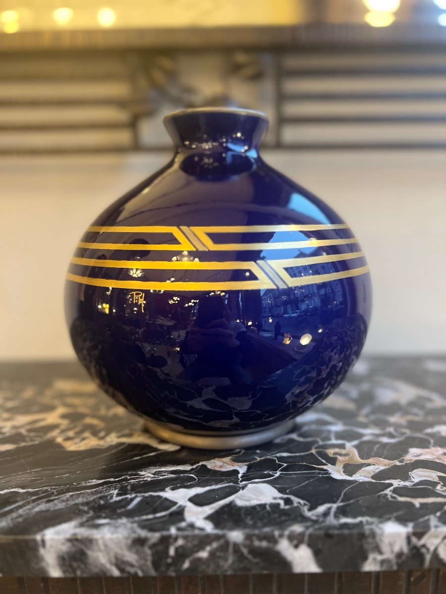 Vase Art Déco «  Boule » Pinon - Heuzé « Géométrique » Faïence émaillée ( Vase Art Deco 1930 ) -photo-3