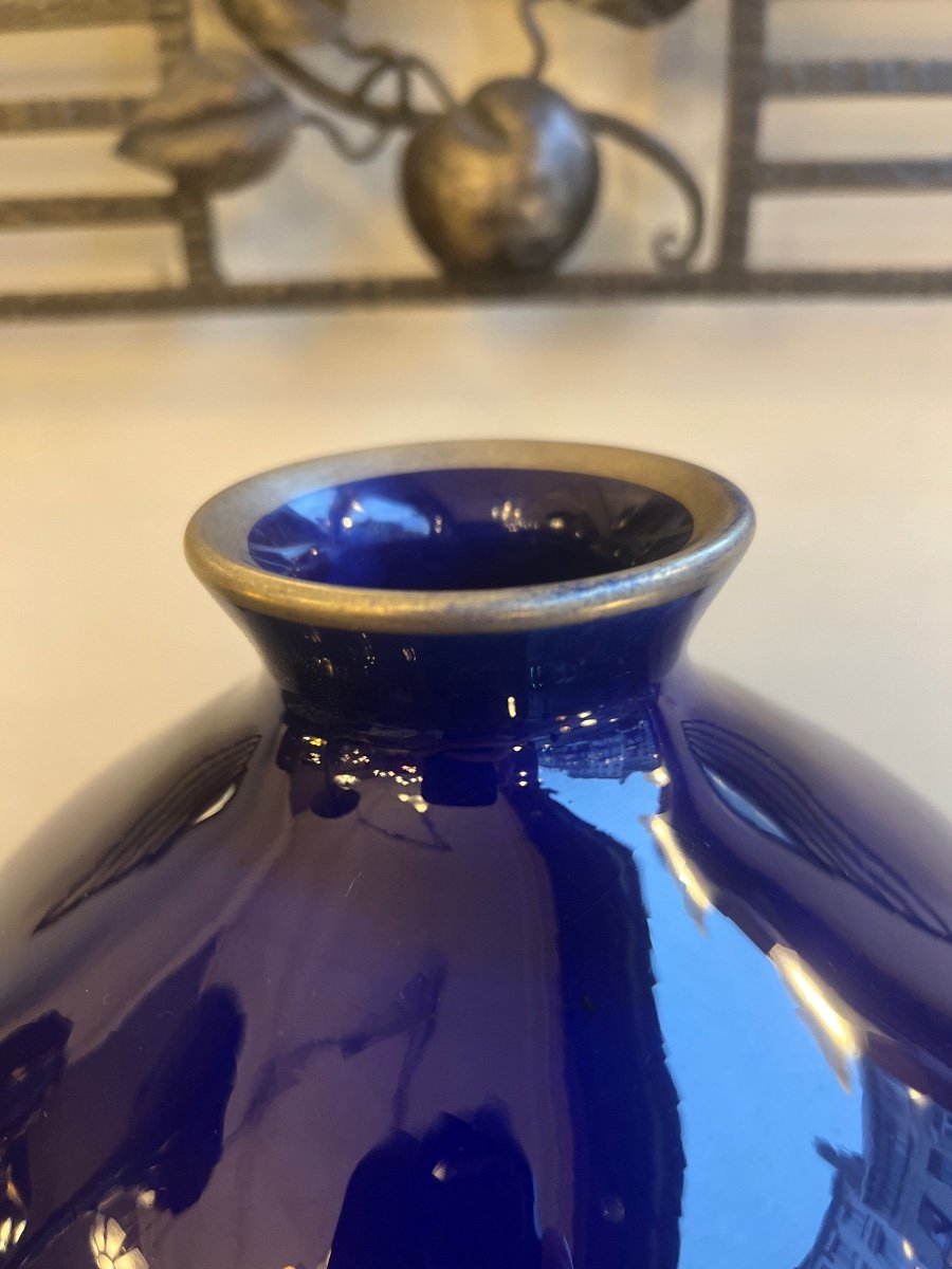 Vase Art Déco «  Boule » Pinon - Heuzé « Géométrique » Faïence émaillée ( Vase Art Deco 1930 ) -photo-4