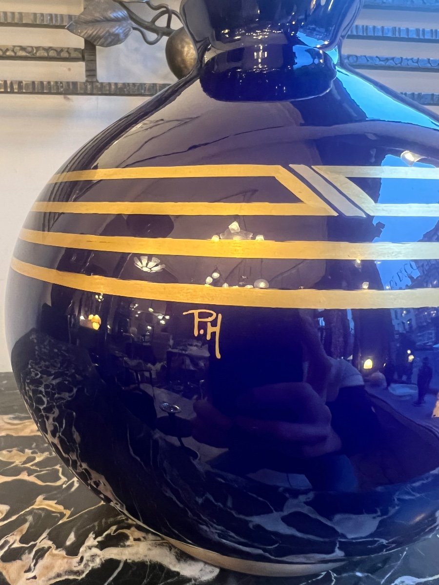 Vase Art Déco «  Boule » Pinon - Heuzé « Géométrique » Faïence émaillée ( Vase Art Deco 1930 ) -photo-5