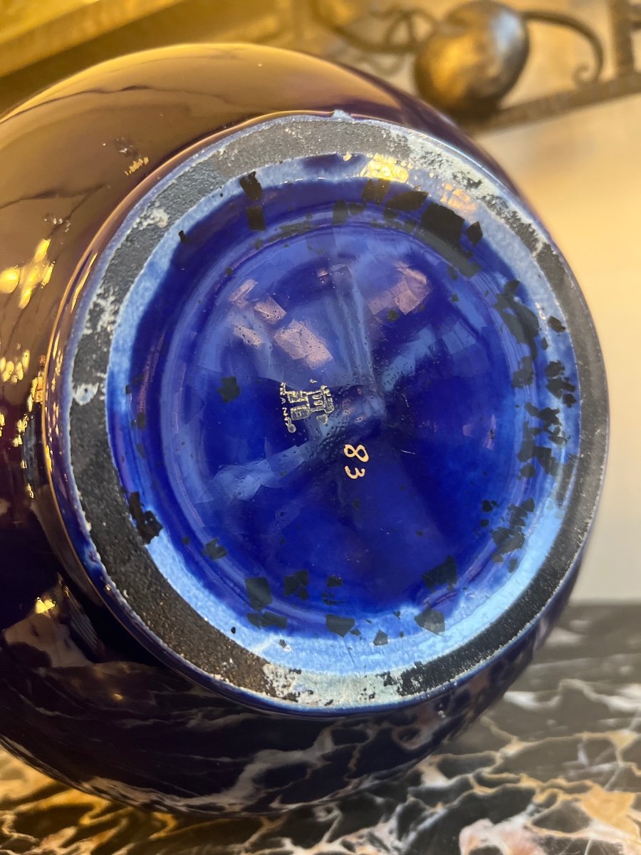 Vase Art Déco «  Boule » Pinon - Heuzé « Géométrique » Faïence émaillée ( Vase Art Deco 1930 ) -photo-6