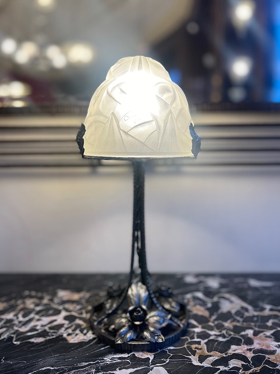 Art Deco Lamp “stylized Roses” Signed Degué {david Guéron} 1925 (art Deco Lamps 1930) -photo-2