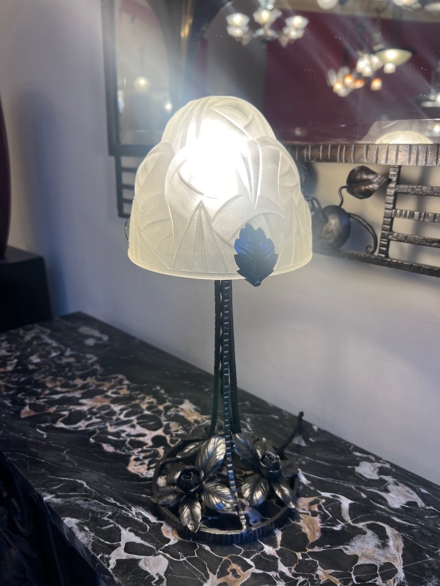 Art Deco Lamp “stylized Roses” Signed Degué {david Guéron} 1925 (art Deco Lamps 1930) -photo-4