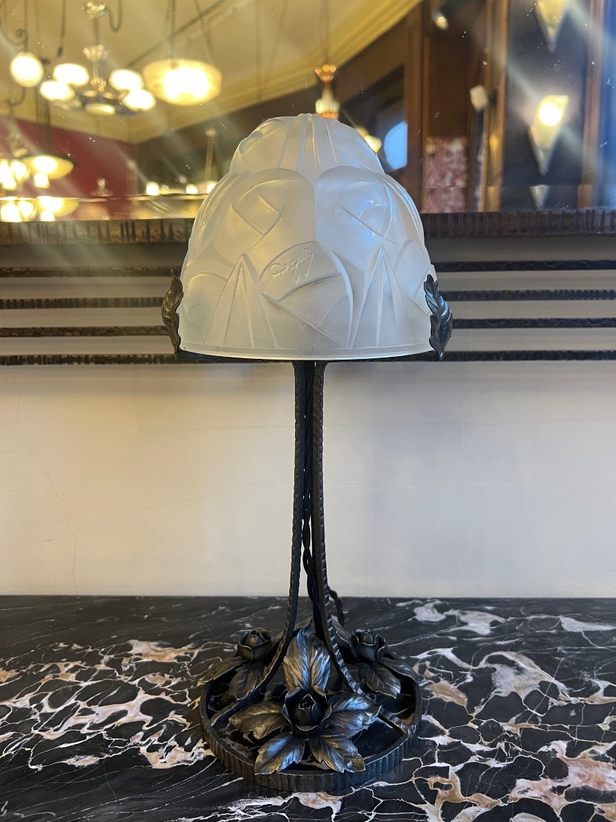 Art Deco Lamp “stylized Roses” Signed Degué {david Guéron} 1925 (art Deco Lamps 1930) -photo-5