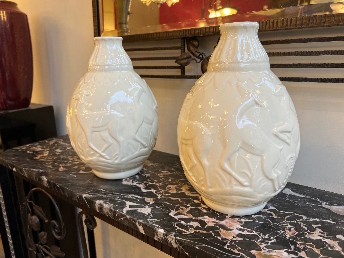 Pair Of Art Deco Boch / Kéramis “aux Biches” Vases Signed And Numbered (vase 1930) -photo-2
