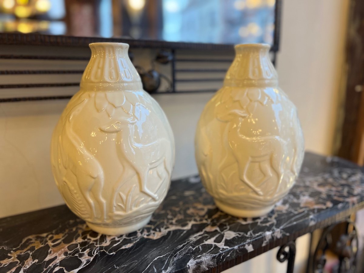 Pair Of Art Deco Boch / Kéramis “aux Biches” Vases Signed And Numbered (vase 1930) -photo-4