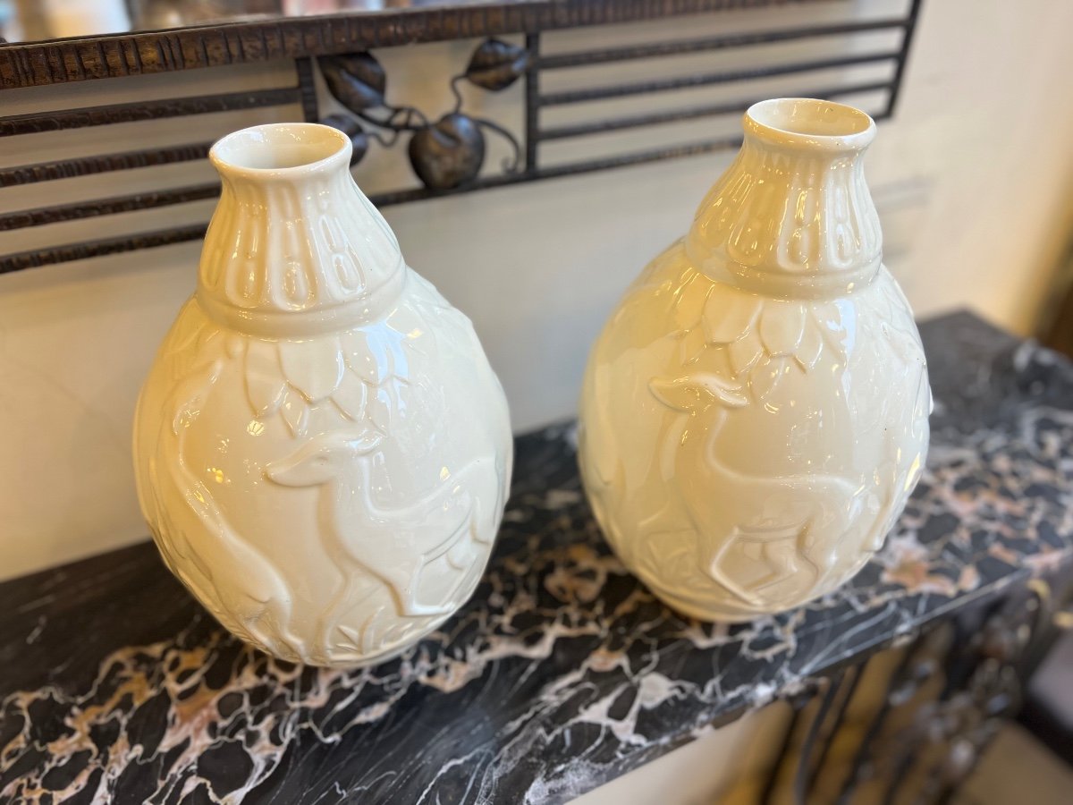 Pair Of Art Deco Boch / Kéramis “aux Biches” Vases Signed And Numbered (vase 1930) -photo-2