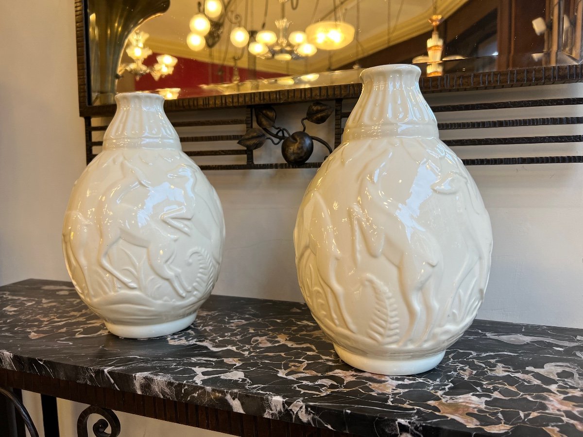 Pair Of Art Deco Boch / Kéramis “aux Biches” Vases Signed And Numbered (vase 1930) -photo-4