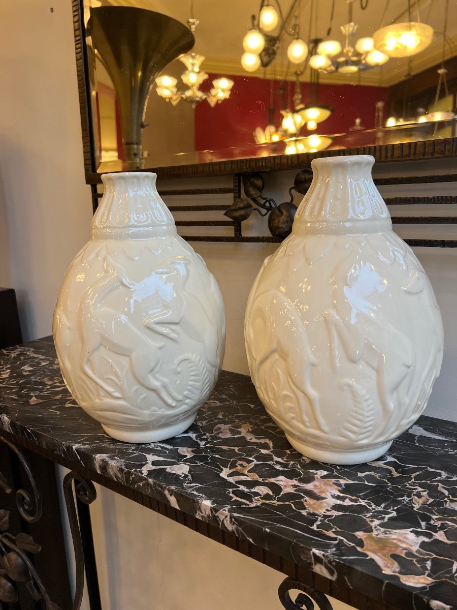 Pair Of Art Deco Boch / Kéramis “aux Biches” Vases Signed And Numbered (vase 1930) -photo-5