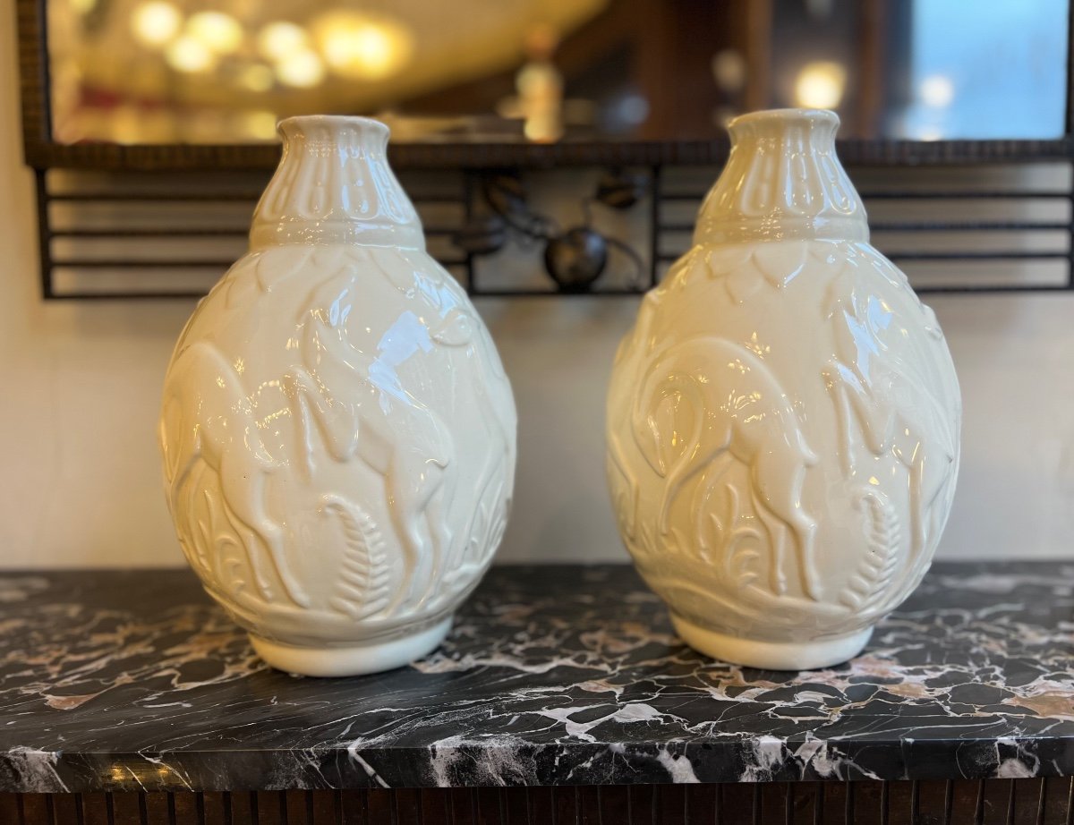 Pair Of Art Deco Boch / Kéramis “aux Biches” Vases Signed And Numbered (vase 1930) 