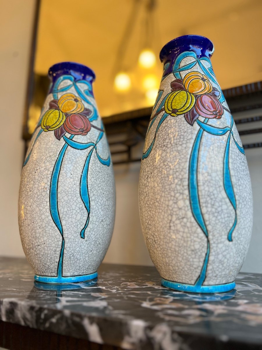 Paire De Vases Art Déco Catteau /  Boch - Kéramis D.747 Aux émaux Craquelés ( Vase Deco 1930 ) -photo-4
