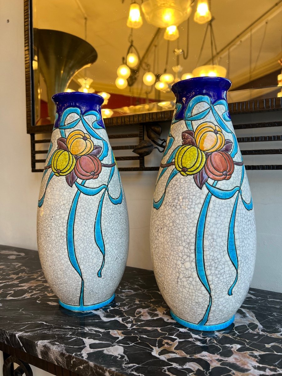 Paire De Vases Art Déco Catteau /  Boch - Kéramis D.747 Aux émaux Craquelés ( Vase Deco 1930 ) -photo-3