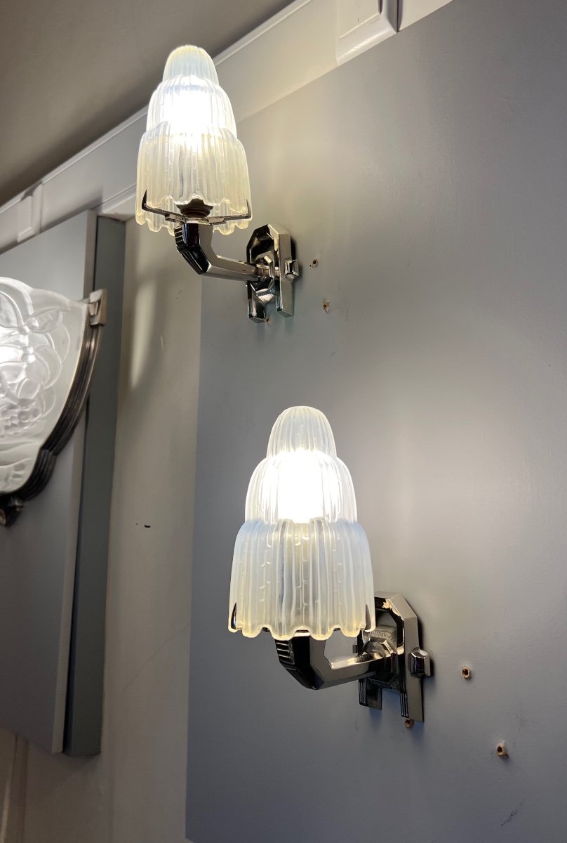 Exceptional Pair Of Sabino “cascades” Wall Lights No. 4640 Signed (art Deco Wall Lamp 1930)-photo-2