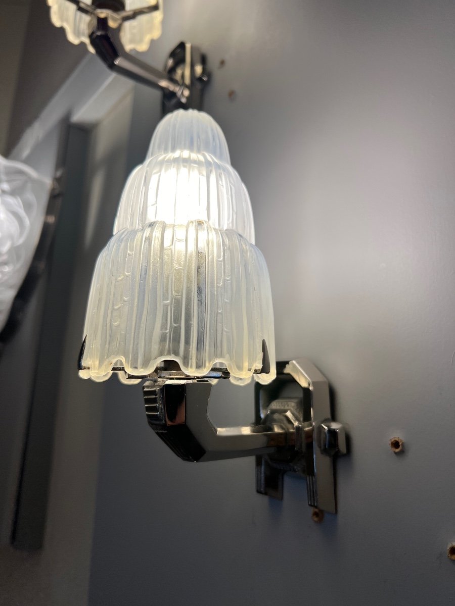 Exceptional Pair Of Sabino “cascades” Wall Lights No. 4640 Signed (art Deco Wall Lamp 1930)-photo-4