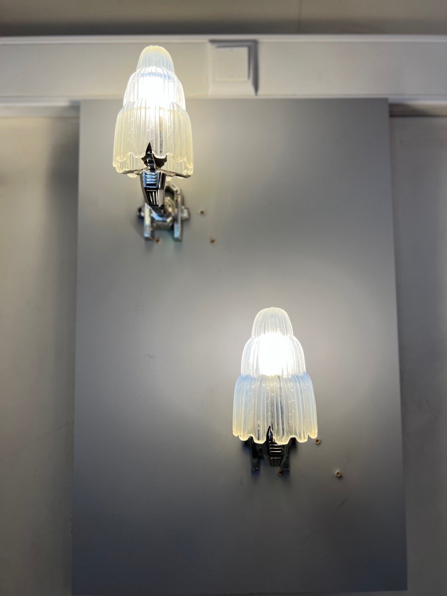 Exceptional Pair Of Sabino “cascades” Wall Lights No. 4640 Signed (art Deco Wall Lamp 1930)-photo-1