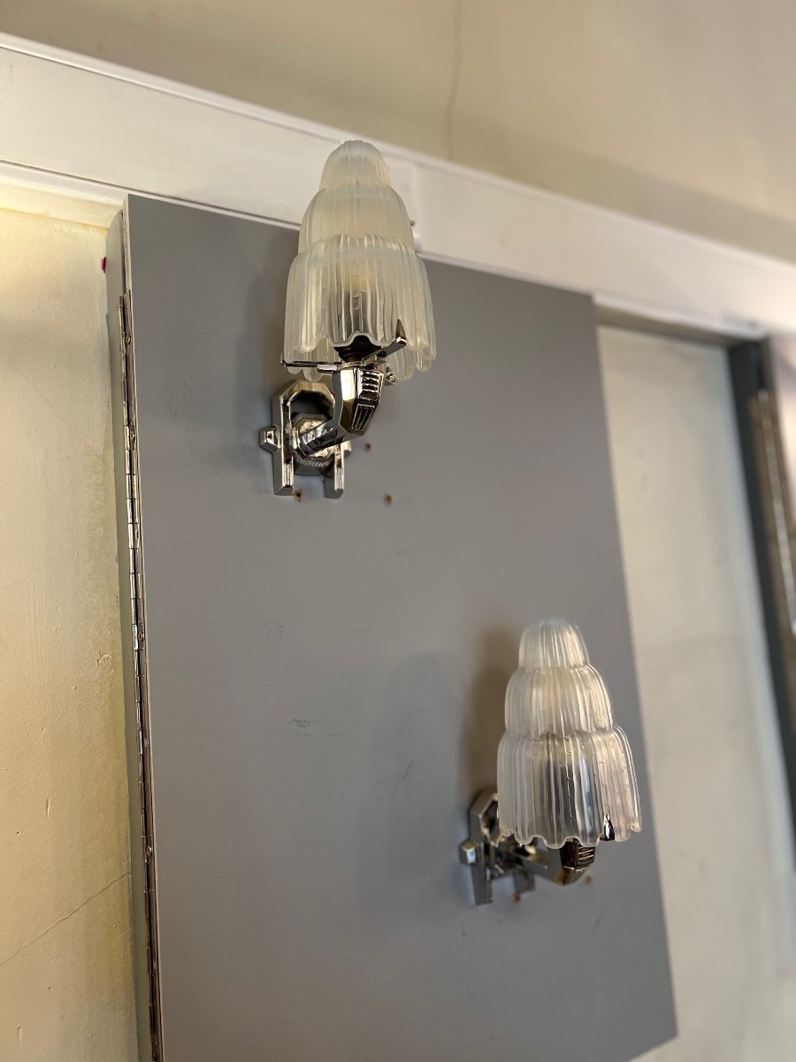 Exceptional Pair Of Sabino “cascades” Wall Lights No. 4640 Signed (art Deco Wall Lamp 1930)-photo-8