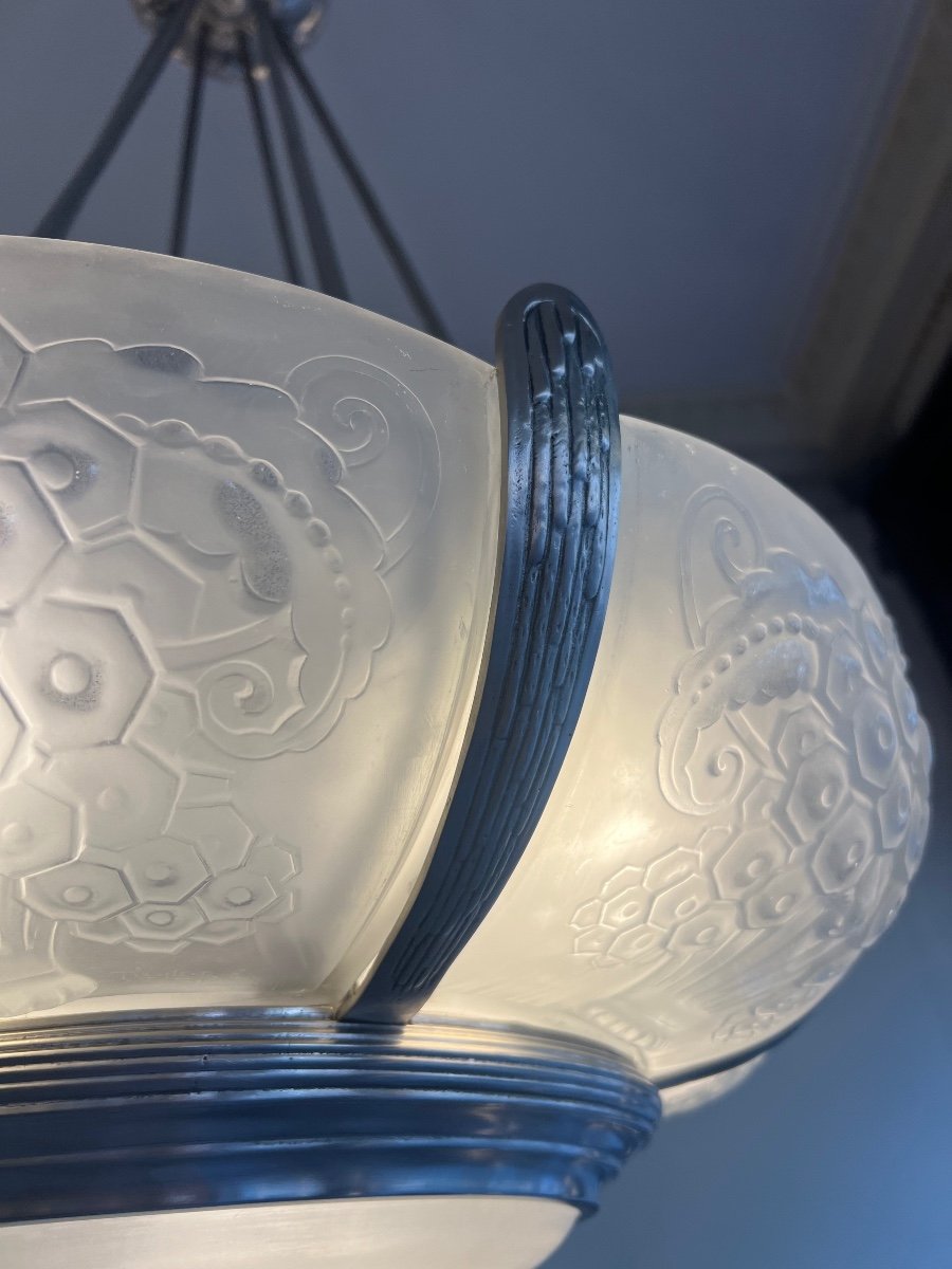 Exceptionnel Lustre Art Déco Müller Frères  Modèle « Bouée » Signé ( Lustres Art Deco 1930 ) -photo-3